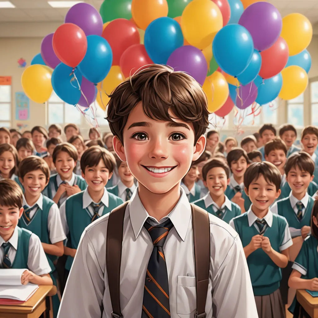 a cartoon of a boy with balloons over his head in front of a classroom of children in school uniforms, photorealism, a storybook illustration, Aaron Jasinski, official art