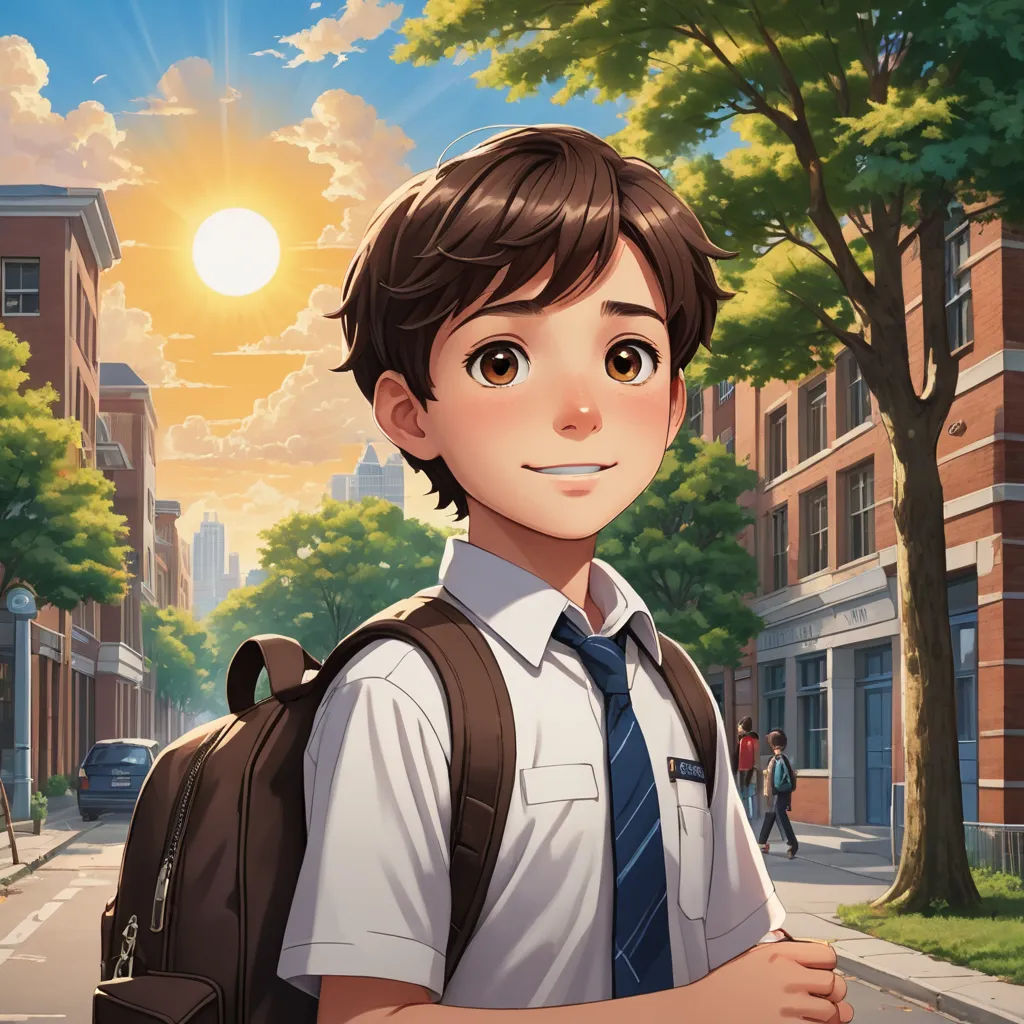 a boy with a backpack standing on a street with a sunset in the background and a building with a tree, paris school, a character portrait, Cedric Seaut (Keos Masons), official art