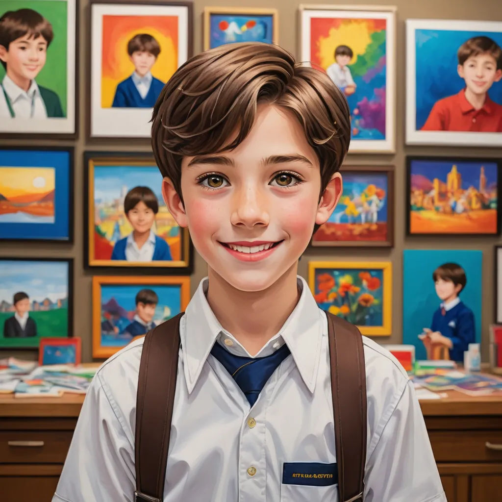 a boy in a school uniform is smiling in front of a wall of paintings of children's faces, photorealism, a detailed painting, Aaron Jasinski, extremely detailed oil painting