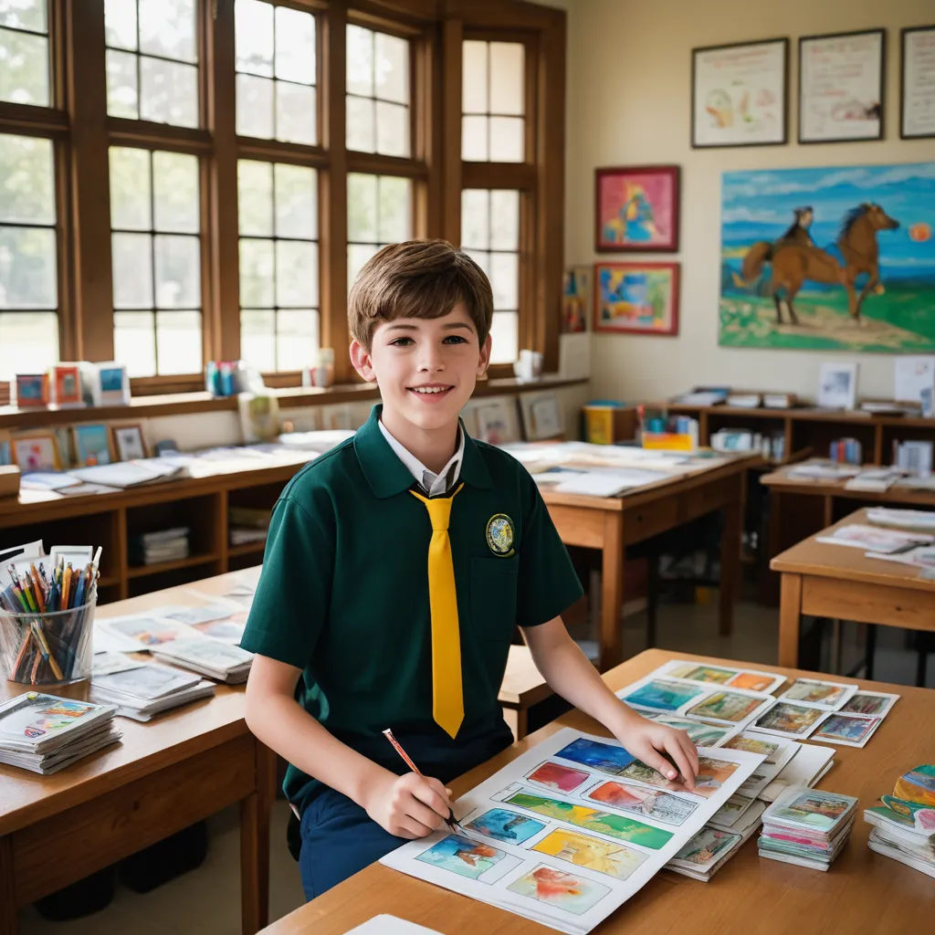 a young boy in a green shirt and yellow tie sitting at a desk with books and pencils on it, naive art, a character portrait, artist, kai carpenter
