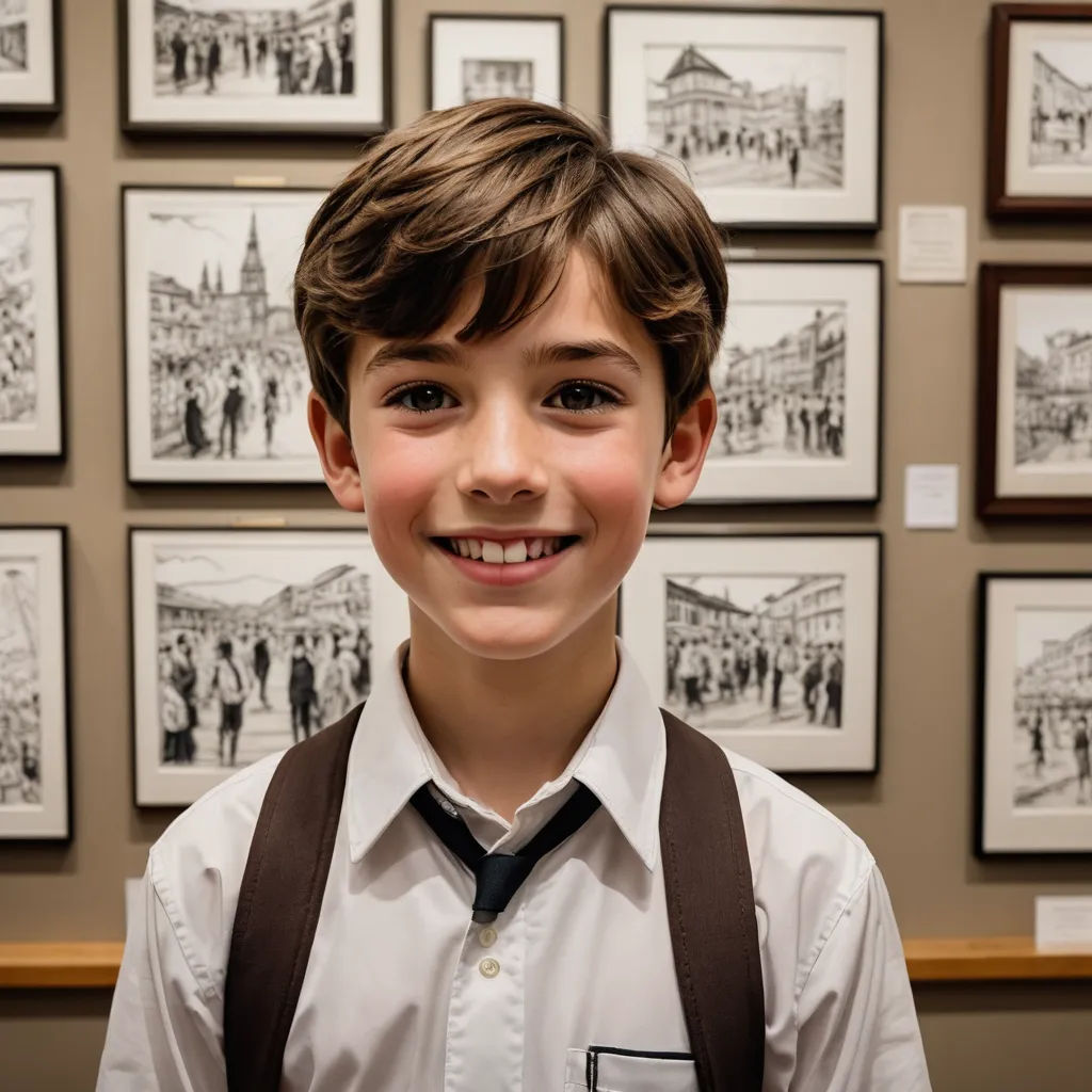 a young boy wearing a white shirt and brown suspenders smiles in front of a wall of black and white pictures, naive art, a child's drawing, artist, kai carpenter