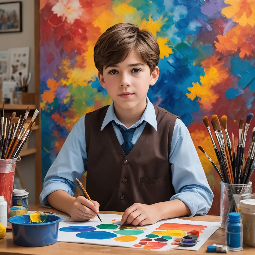 a boy in a vest is painting with a brush and palettes on a table with a colorful background, action painting, a hyperrealistic painting, artist, promotional image