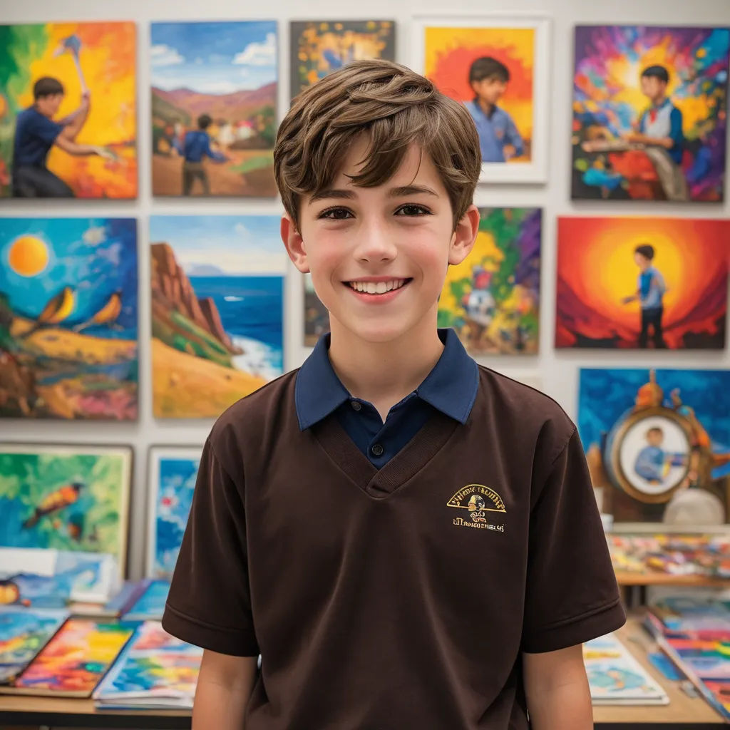 a boy in a brown shirt standing in front of a wall of paintings and paintings on the wall behind him, naive art, a pointillism painting, Anthony Angarola, kai carpenter