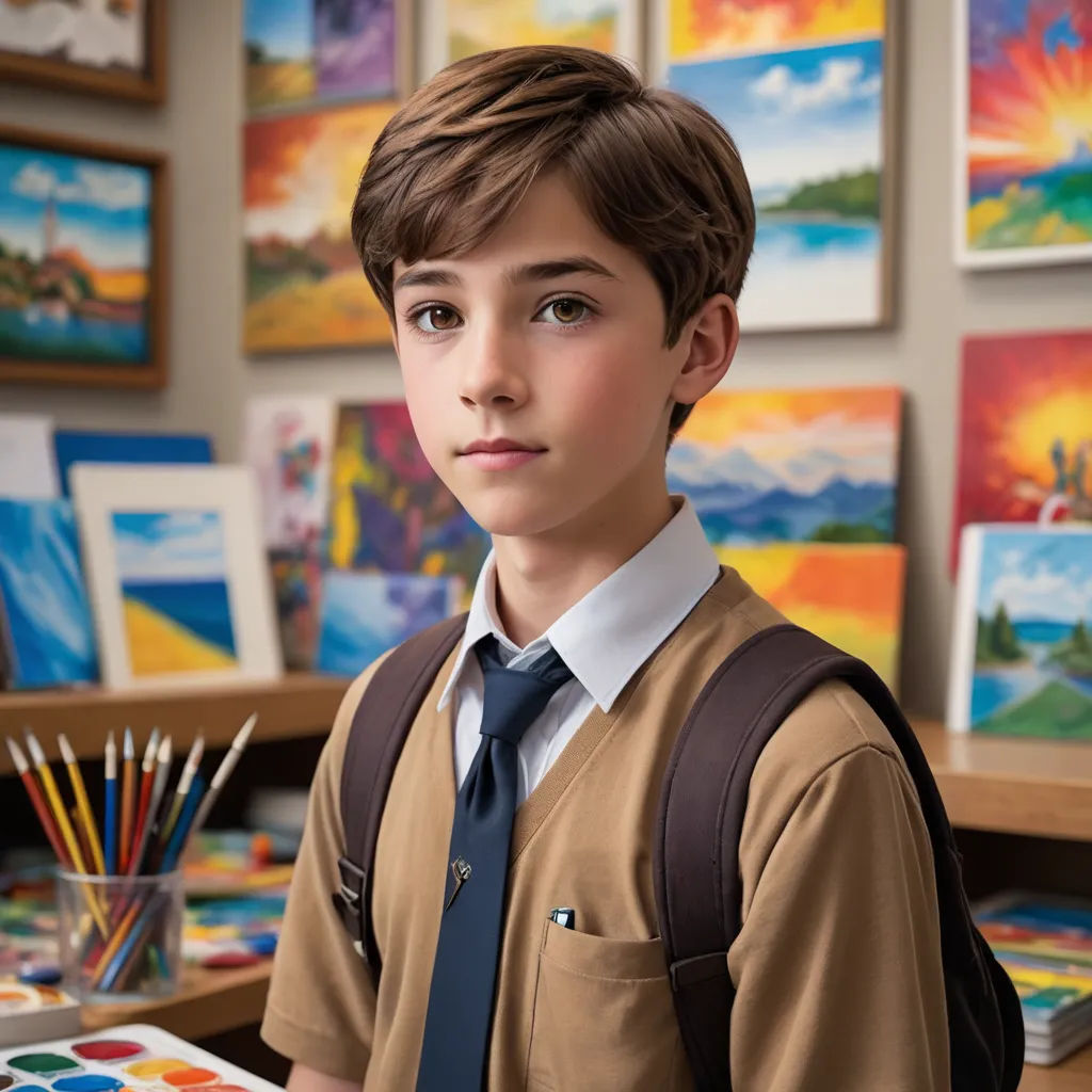 a boy in a school uniform is standing in front of a painting display with a backpack on his shoulder, american scene painting, a hyperrealistic painting, artist, promotional image