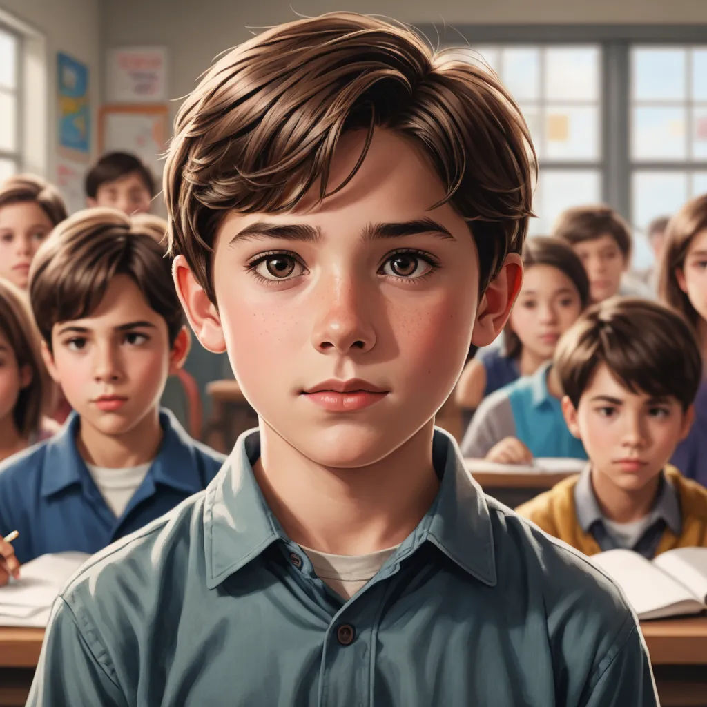 a boy in a classroom with a group of children behind him, all looking at the camera, with a pencil in his mouth, hyperrealism, a detailed painting, Aaron Jasinski, stanley artgerm lau