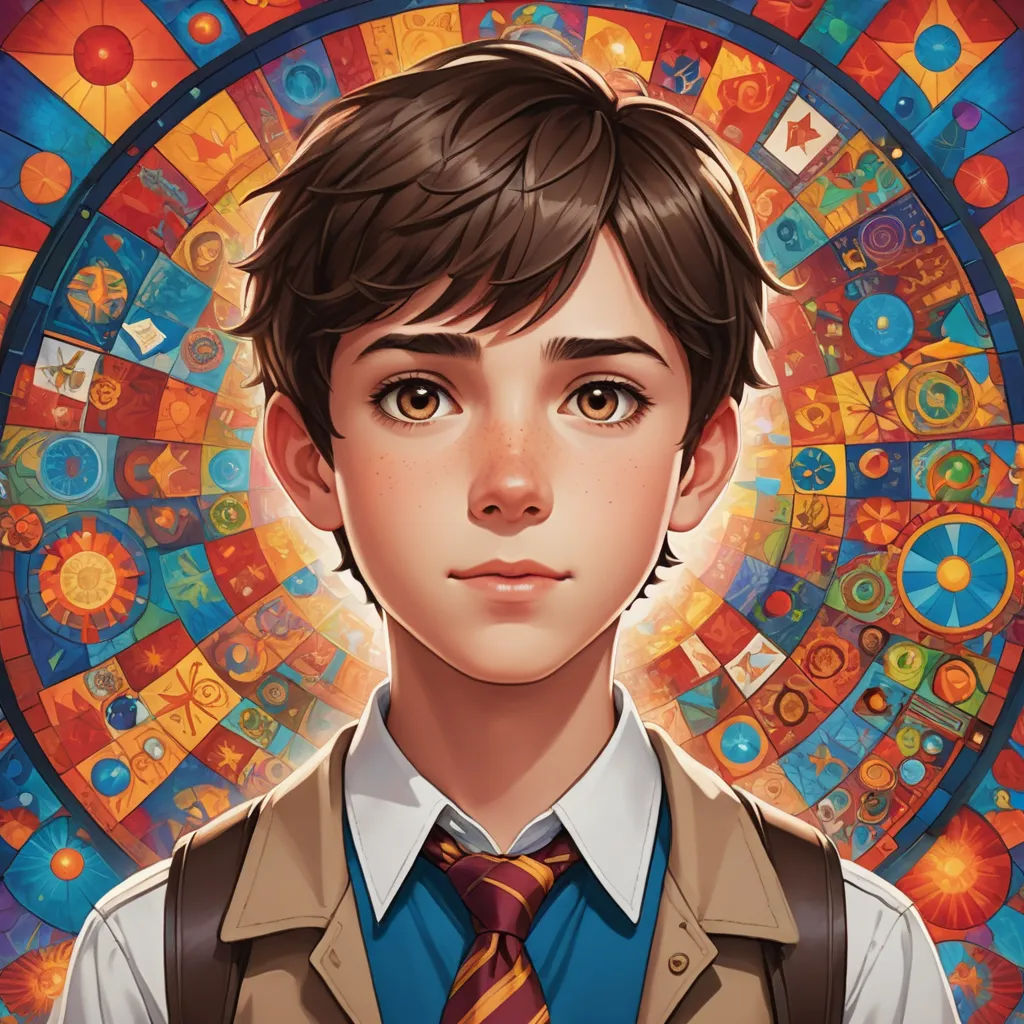 a boy with a tie and vest standing in front of a stained glass window with a stained glass design, cloisonnism, a character portrait, Aaron Jasinski, official art