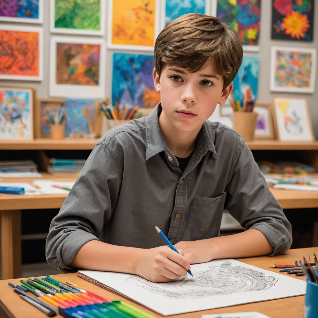 a boy is sitting at a desk with a pencil and a drawing book in front of him and a lot of art on the wall behind him, process art, a child's drawing, Ben Stahl, promotional image