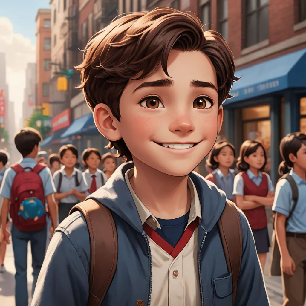 a cartoon boy with a backpack on a city street with a group of people behind him and a building, photorealism, a comic book panel, Eddie Mendoza, rossdraws global illumination