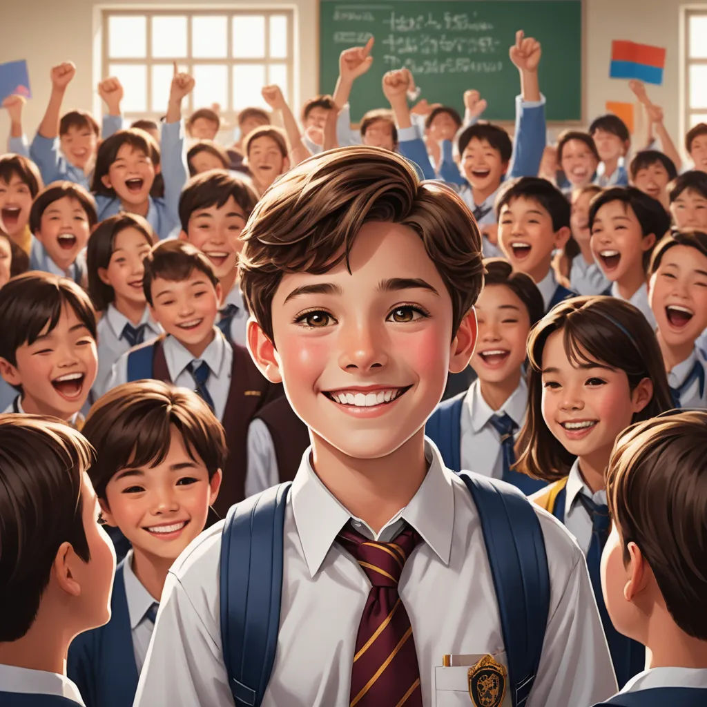 a cartoon of a boy in a school uniform surrounded by school children, with a flag on his chest, photorealism, a comic book panel, Aaron Jasinski, official art