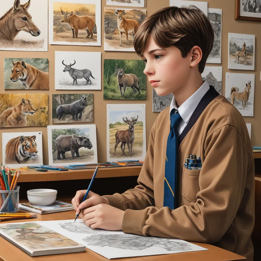 a boy in a brown jacket and tie sitting at a desk with a pencil and a cup of coffee, photorealism, a hyperrealistic painting, Bob Byerley, extremely detailed oil painting