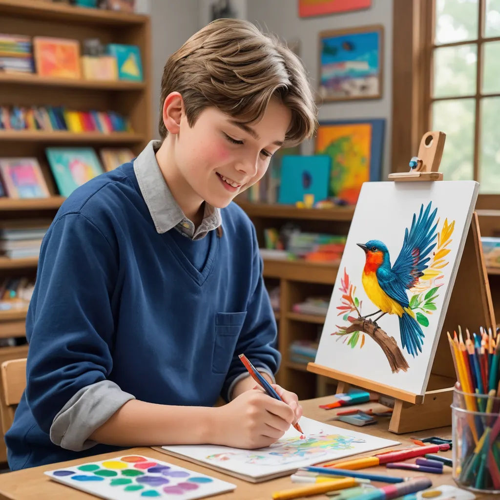 a boy is painting with a bird on a canvas in a classroom with other children's art supplies, american scene painting, a child's drawing, artist, professional digital painting