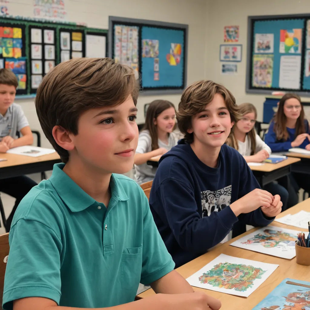 a group of children sitting at desks in a classroom with their artwork on the desks and one boy smiling, naive art, a pointillism painting, Art & Language, promotional image