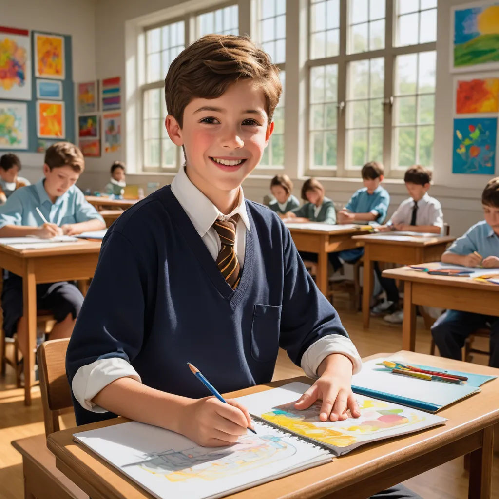 a boy in a school uniform sitting at a desk with a book and pencil in front of him and smiling, naive art, a child's drawing, Bob Byerley, promotional image