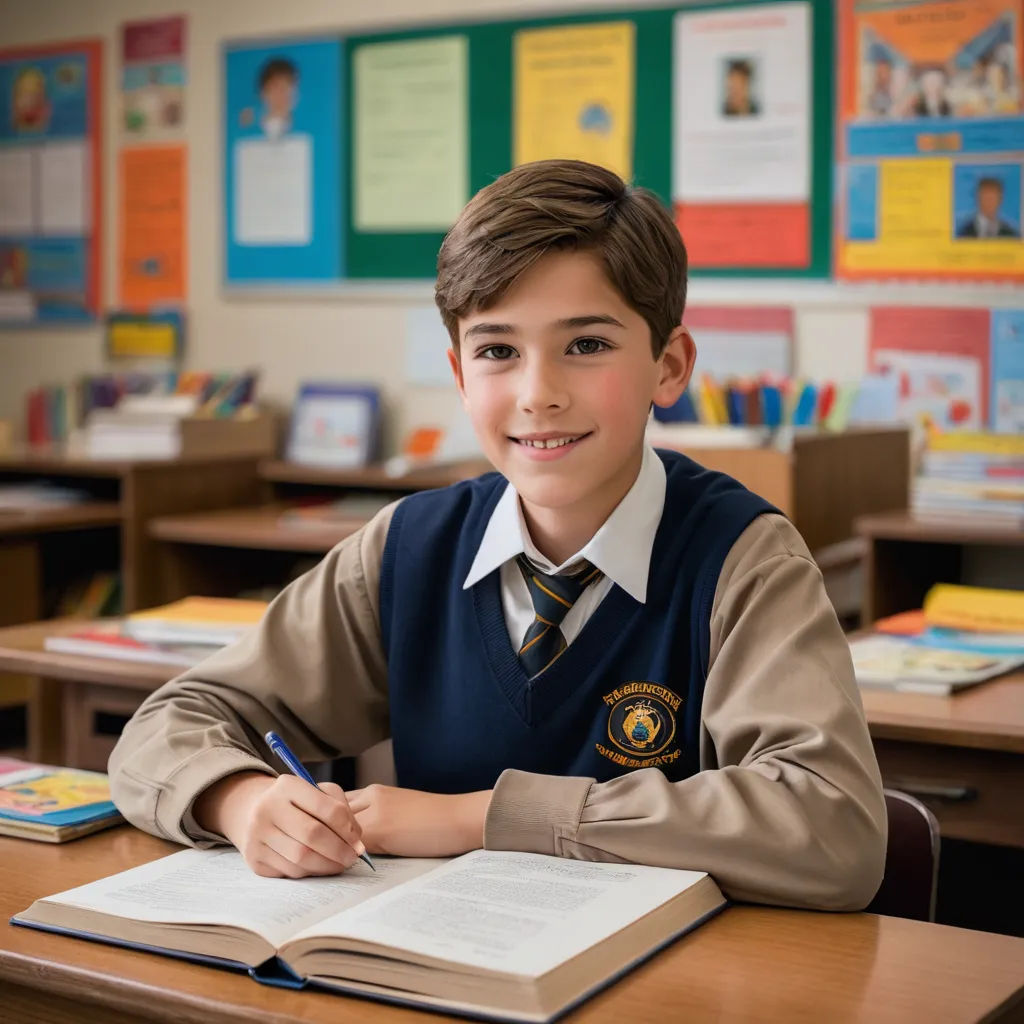 a young boy sitting at a desk with a book and pen in his hand and a book in front of him, quito school, a character portrait, Denis Eden, kai carpenter