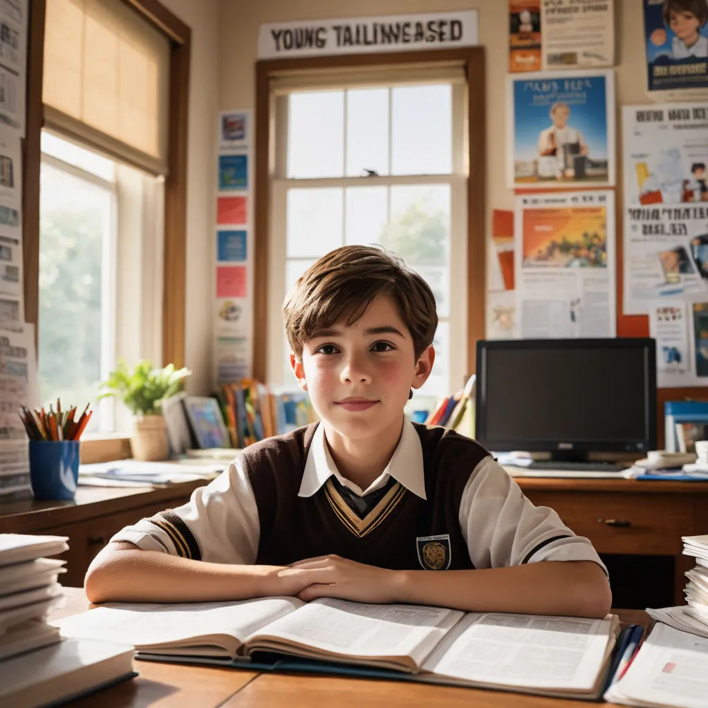 a young boy sitting at a desk with a book in front of him and a bunch of papers on the desk, vancouver school, a poster, Anson Maddocks, promotional image