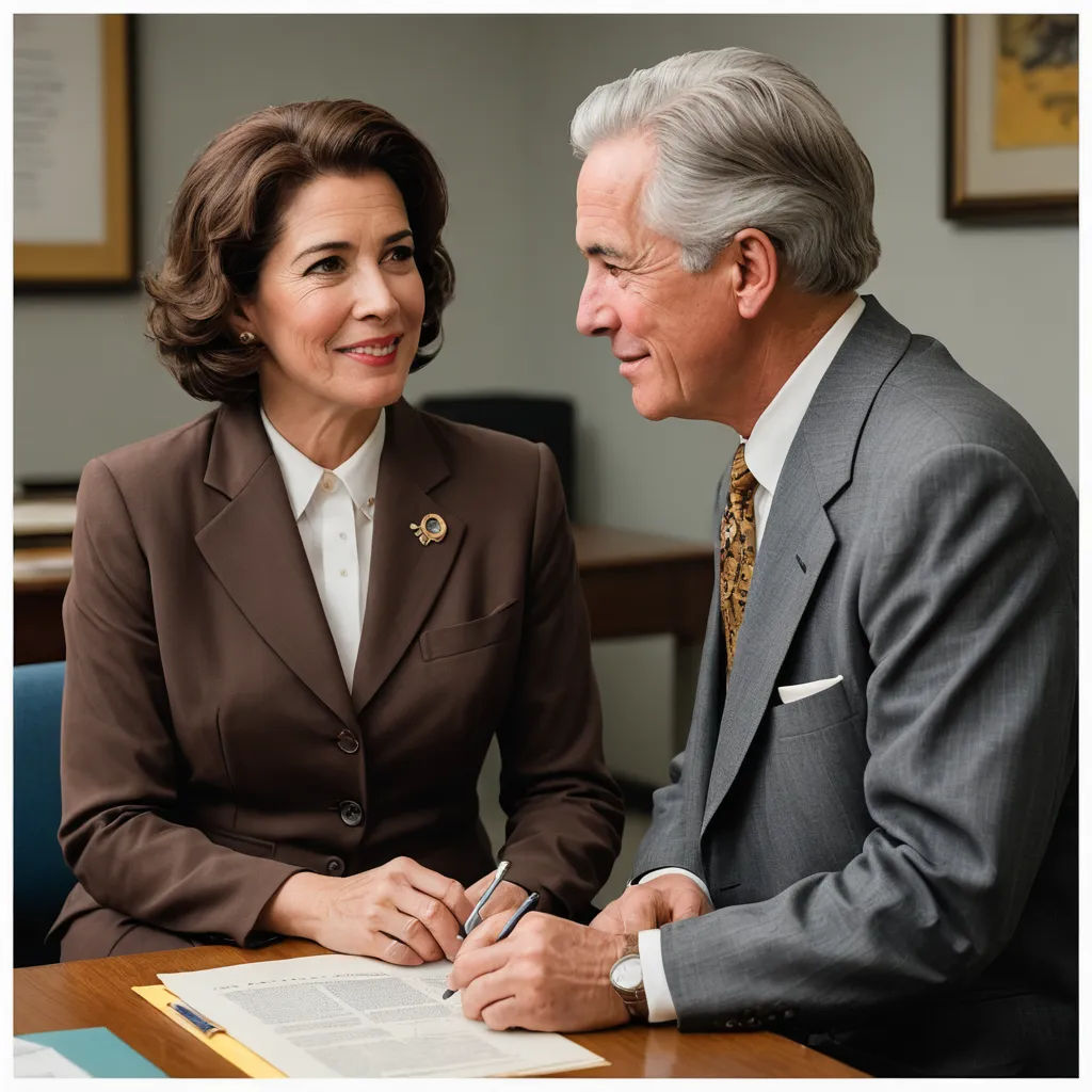 a man and woman sitting at a desk signing papers and smiling at each other with a pen in their hand, private press, a poster, Bourgeois, promotional image