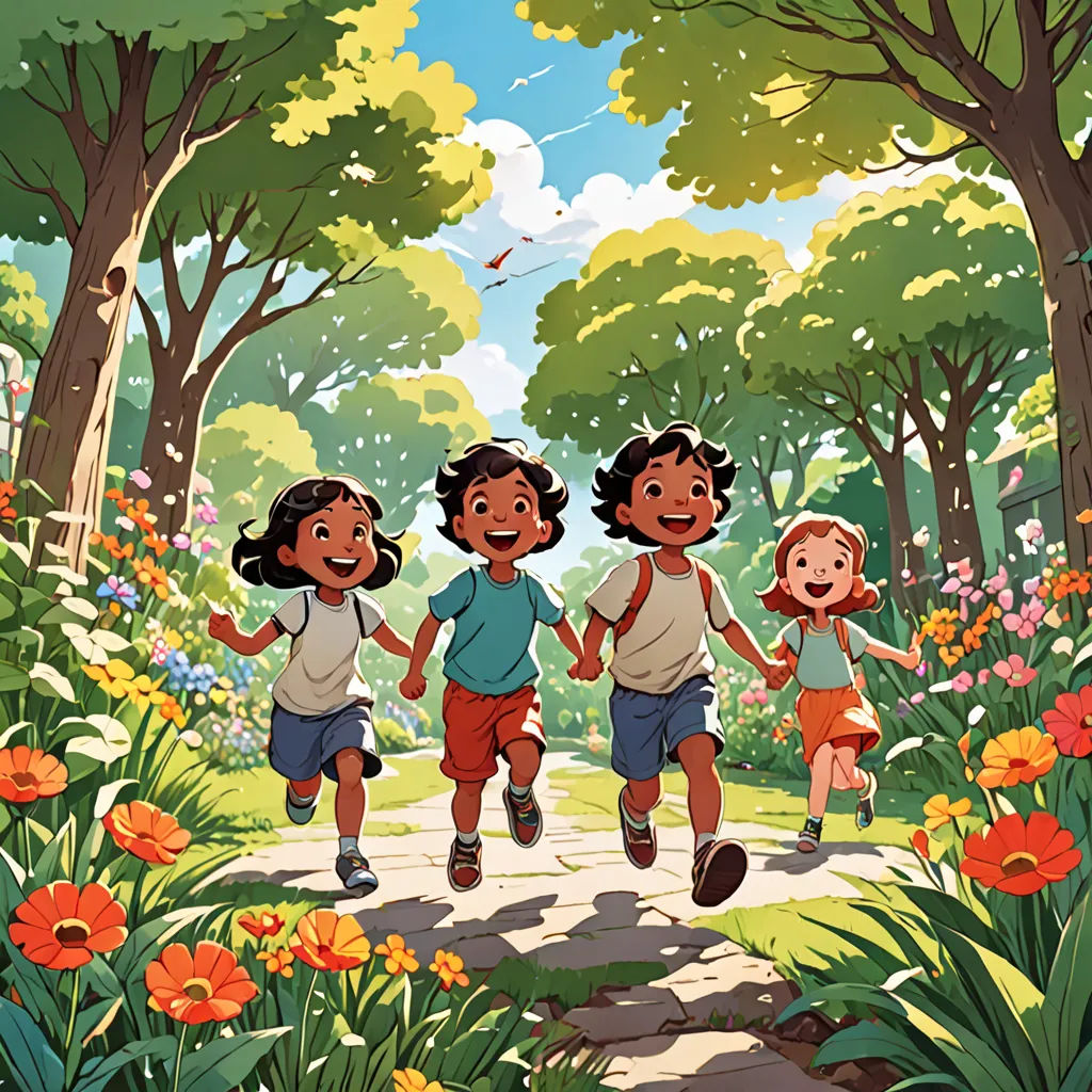 three children running down a path in a park with flowers and trees around them, with a blue sky and clouds above them, Asaf Hanuka, serial art, a storybook illustration, official art