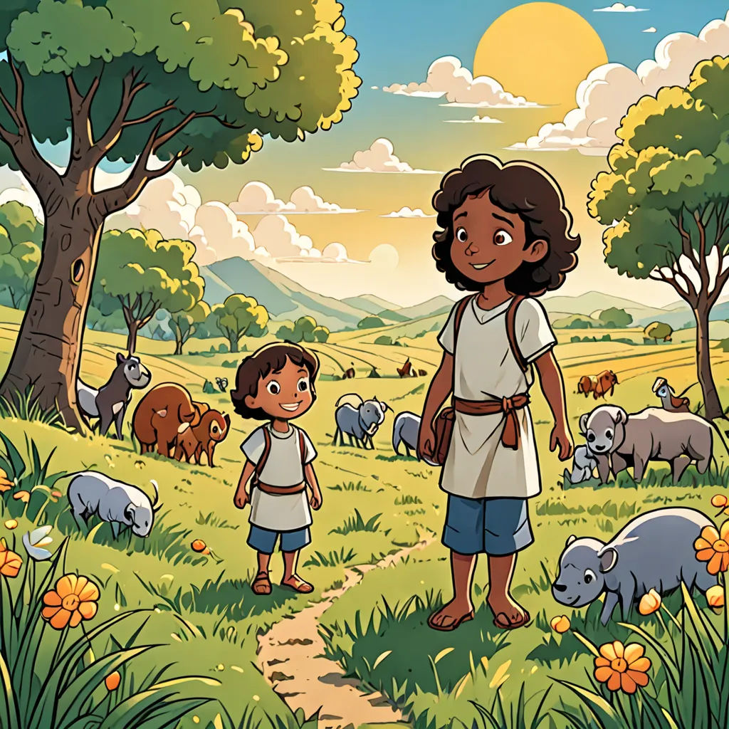 a cartoon of a woman and a child in a field with animals in the background and a sun setting, Asaf Hanuka, hurufiyya, a storybook illustration, comic cover art
