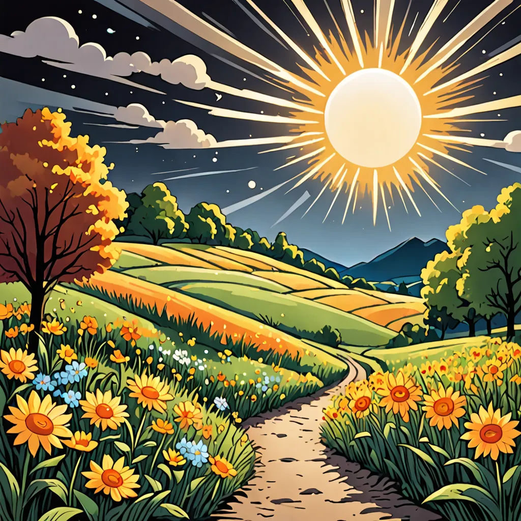 a painting of a sun setting over a field of flowers and trees with a path leading to the sun, David Martin, synthetism, a storybook illustration, sun