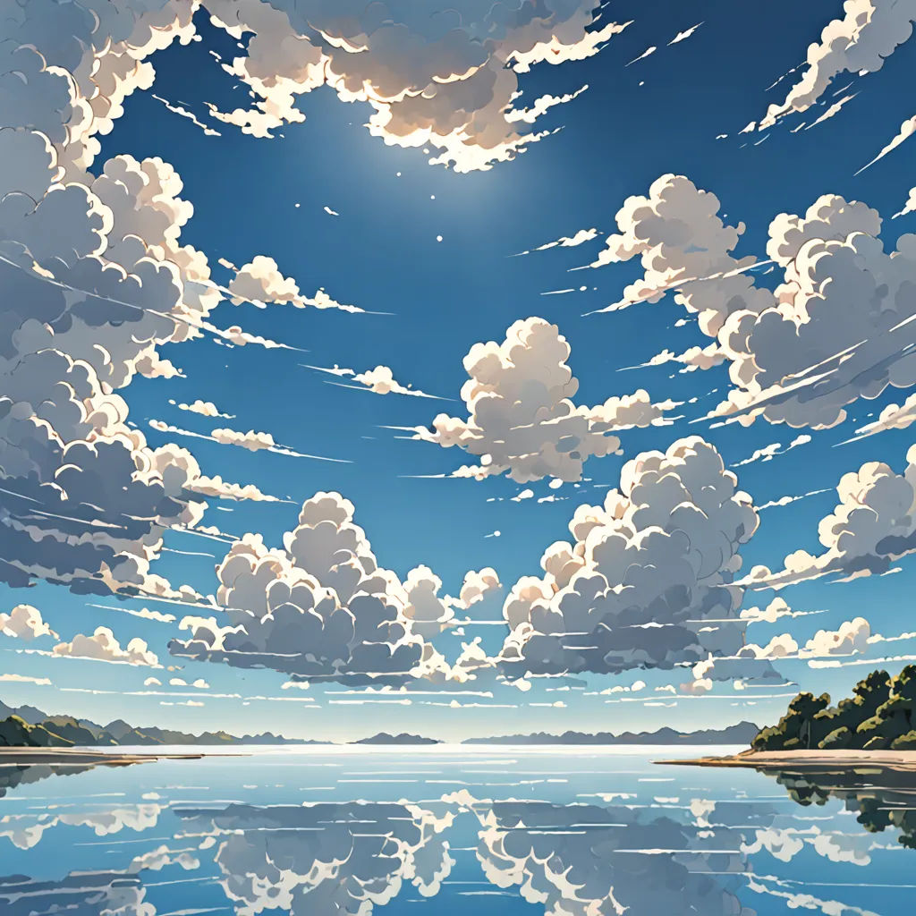 a painting of a lake with clouds in the sky and a sun in the sky above it and a few trees, Chris LaBrooy, computer art, a matte painting, sky