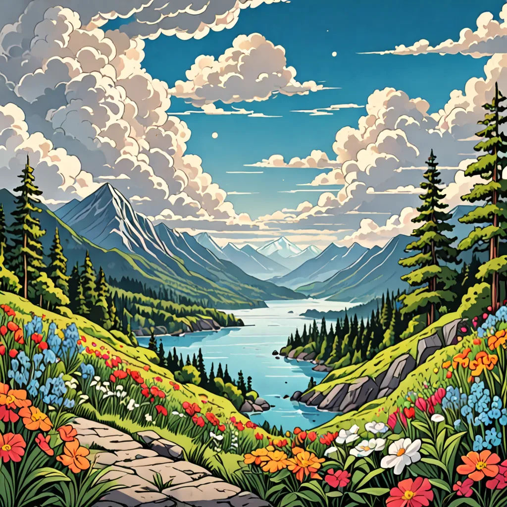 a painting of a scenic scene with flowers and a lake in the background with clouds in the sky above, Dan Mumford, american scene painting, an ultrafine detailed painting, josan gonzales and dan mumford