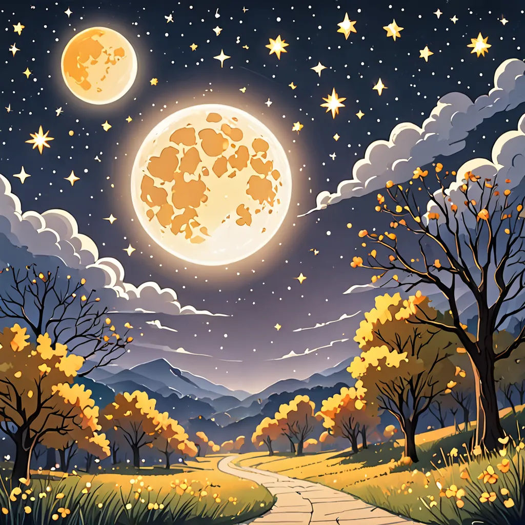 a painting of a road leading to a full moon in the sky with stars and clouds above it and a field with trees and flowers, Chris LaBrooy, space art, a storybook illustration, storybook illustration