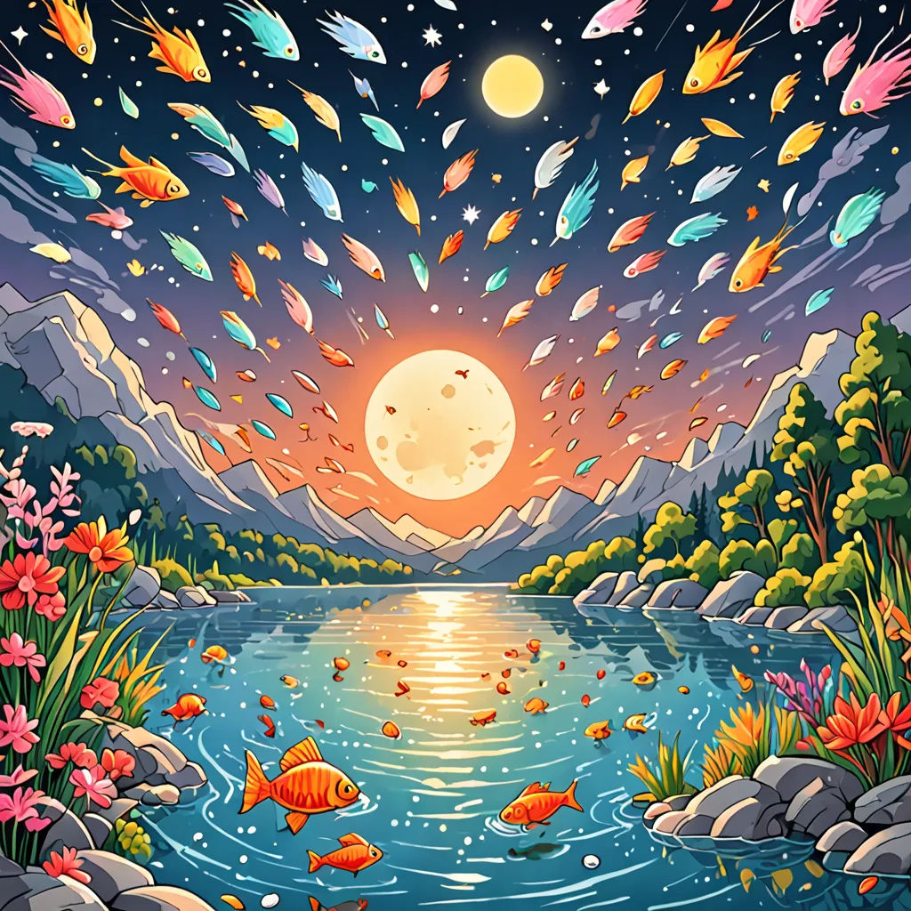 a painting of a lake with fish in it and a full moon in the sky above it and a mountain range in the background, Chris LaBrooy, psychedelic art, computer graphics, josan gonzales and dan mumford
