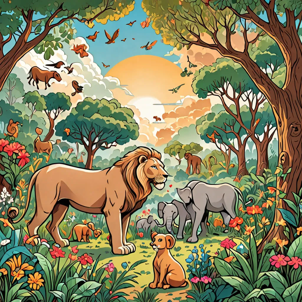a painting of a lion and two cubs in a jungle setting with birds and flowers around them, and a bird flying overhead, Chris LaBrooy, naturalism, a storybook illustration, detailed illustration