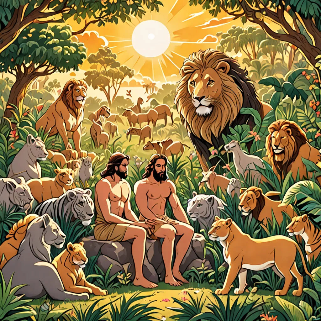 a painting of a man sitting on a rock surrounded by lions and lions in the jungle with a sun in the background, Brothers Hildebrandt, primitivism, a storybook illustration, furaffinity