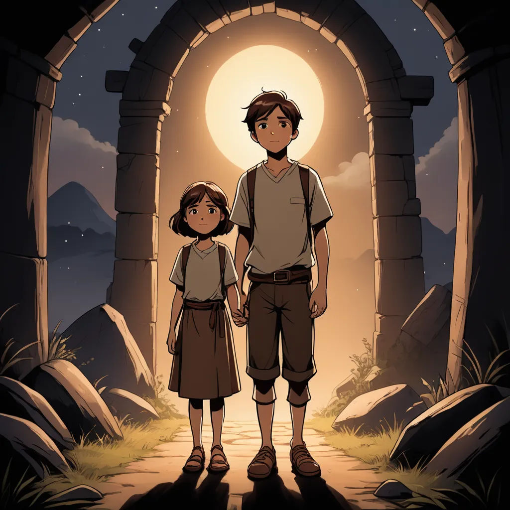 a man and a woman standing in front of a doorway with a light shining on them and a full moon in the background, serial art, poster art, Atey Ghailan, rossdraws global illumination