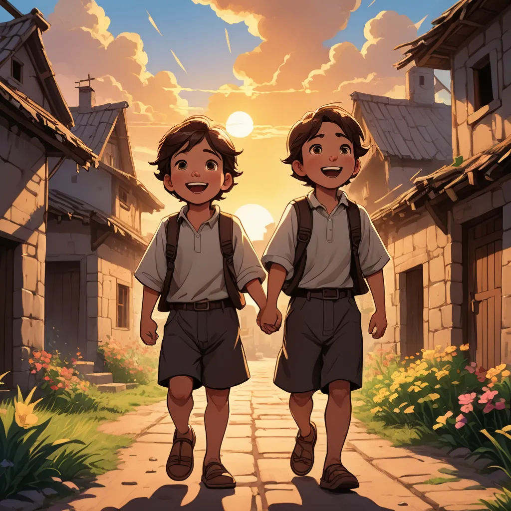 two children walking down a street holding hands in front of a sunset background with a sky background and a stone path, lyco art, a comic book panel, Brothers Hildebrandt, official art