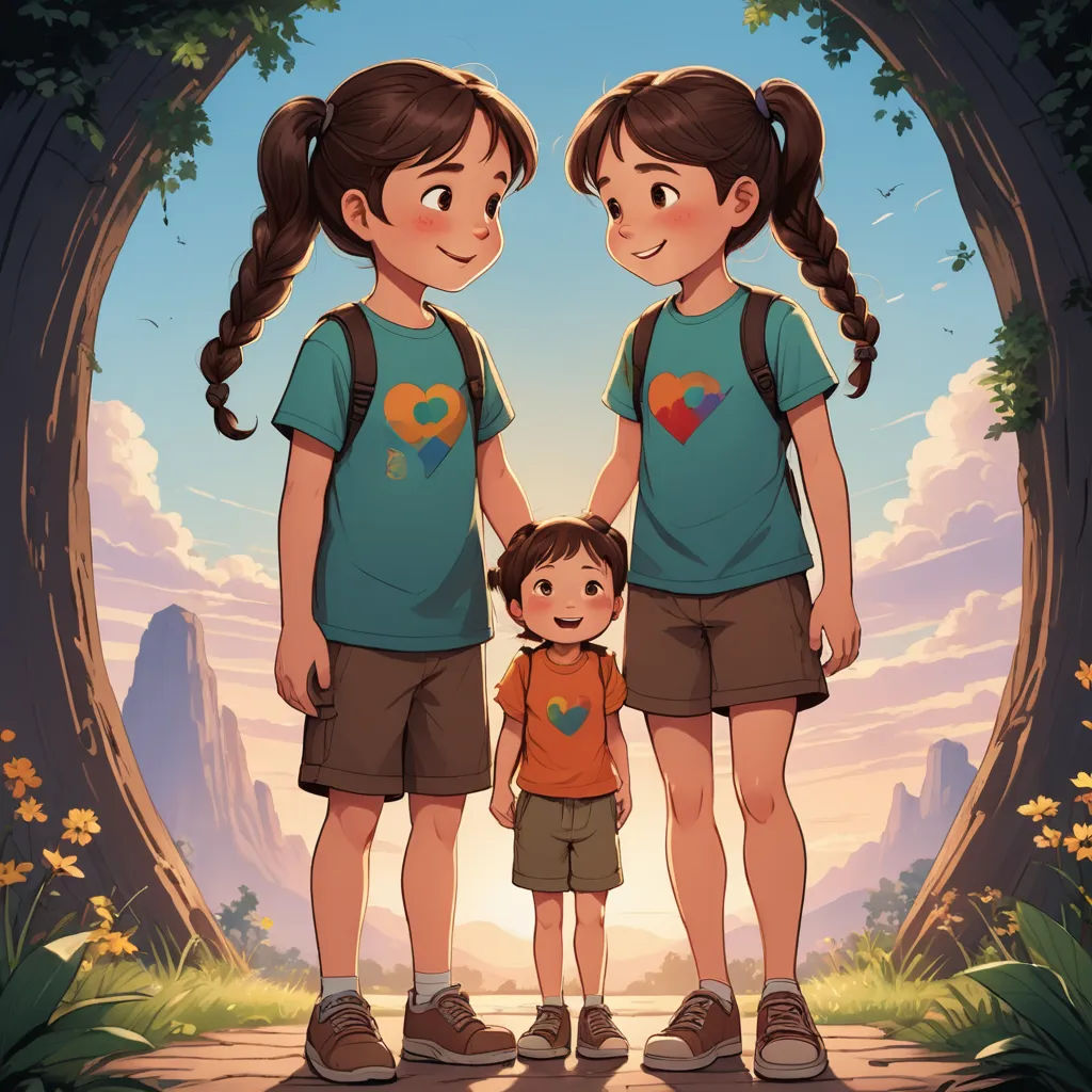 a couple of kids standing next to each other in front of a tree and a mountain background with a heart, lyco art, a storybook illustration, disney, rossdraws global illumination
