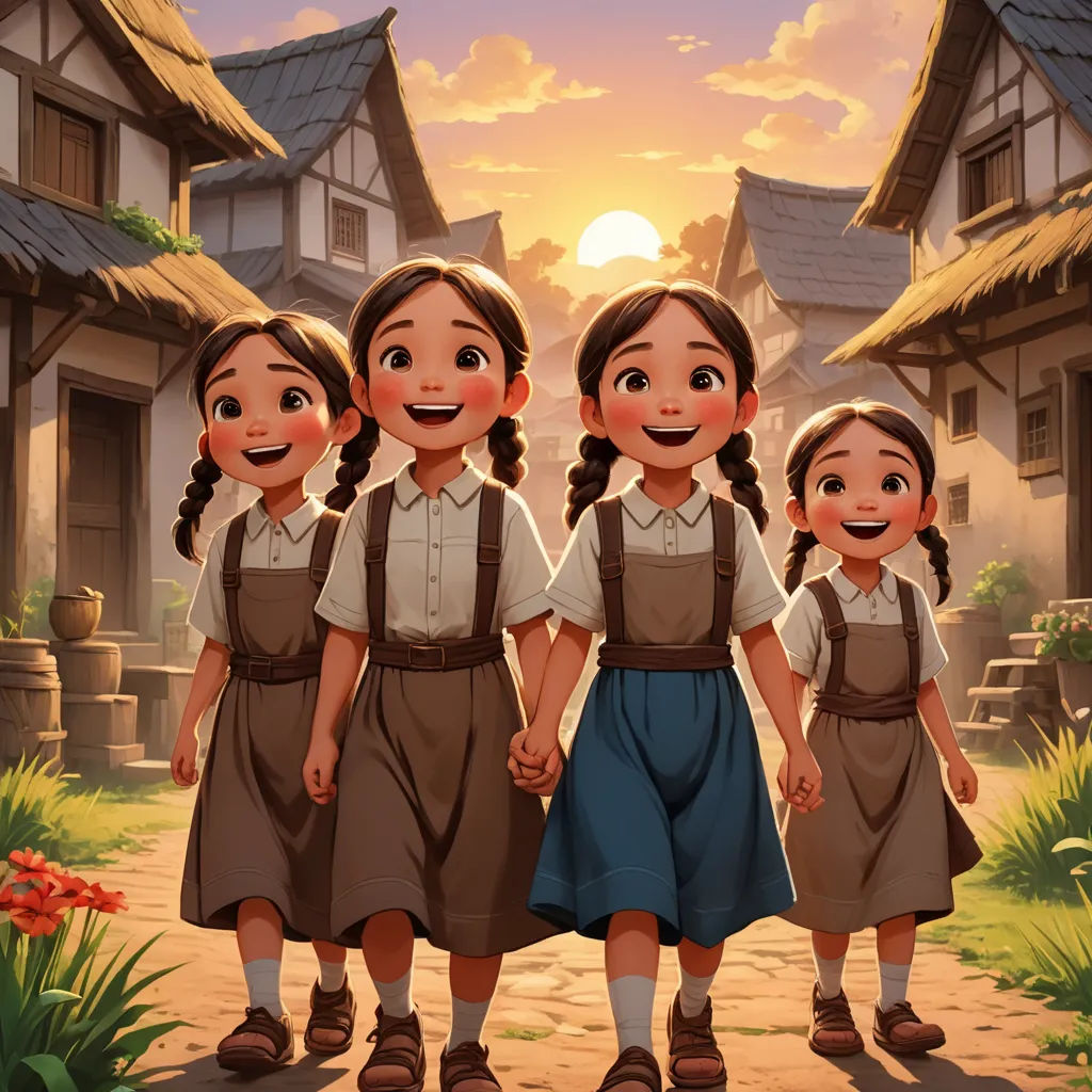a group of children standing in front of a house with a sunset in the background and a cartoon of a group of children holding hands, sots art, a storybook illustration, Anne Said, official art