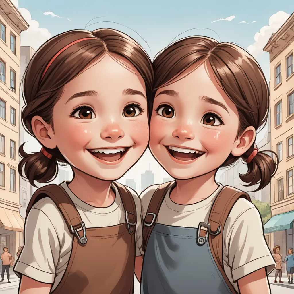 two young girls standing next to each other in front of a city street with buildings and people in the background, photorealism, a storybook illustration, Chen Lin, trending on art station
