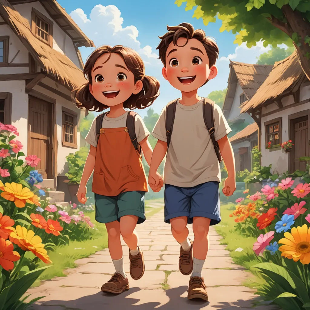 a couple of kids walking down a sidewalk next to a flower garden and a house with a thatched roof, danube school, a storybook illustration, Diego Gisbert Llorens, rossdraws global illumination