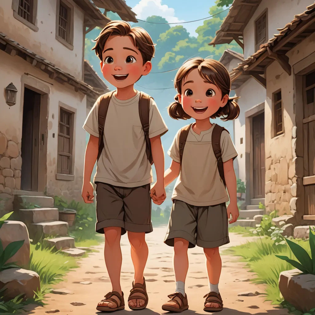 a couple of kids standing next to each other on a street near a building and trees and grass and rocks, danube school, a storybook illustration, Diego Gisbert Llorens, cushart krenz