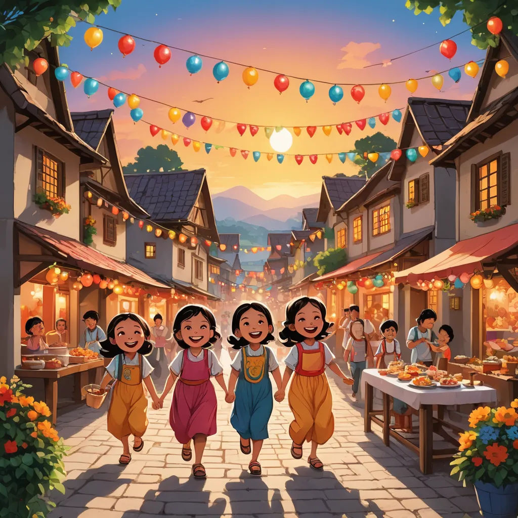 a group of children walking down a street next to a market place with a string of lights strung above, naive art, a storybook illustration, Cui Bai, official art