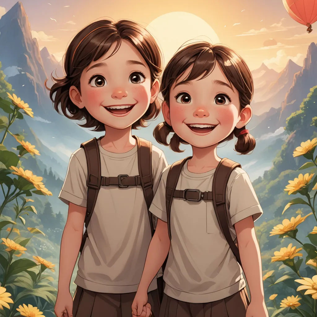 two children standing in front of a mountain with a hot air balloon in the sky above them and a sun setting behind them, photorealism, a storybook illustration, Artgerm, trending on art station