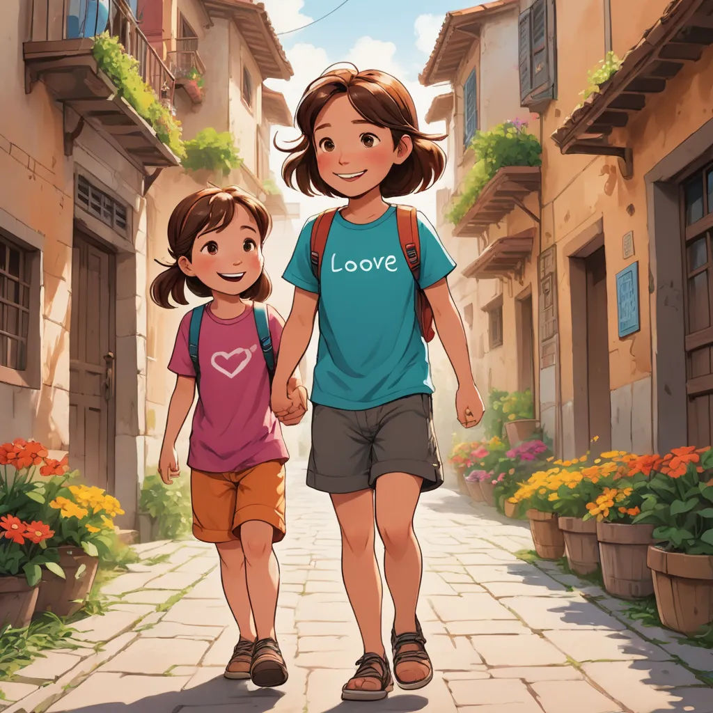 a couple of kids walking down a street holding hands and smiling at the camera with a building in the background, plein air, a storybook illustration, Atey Ghailan, cushart krenz