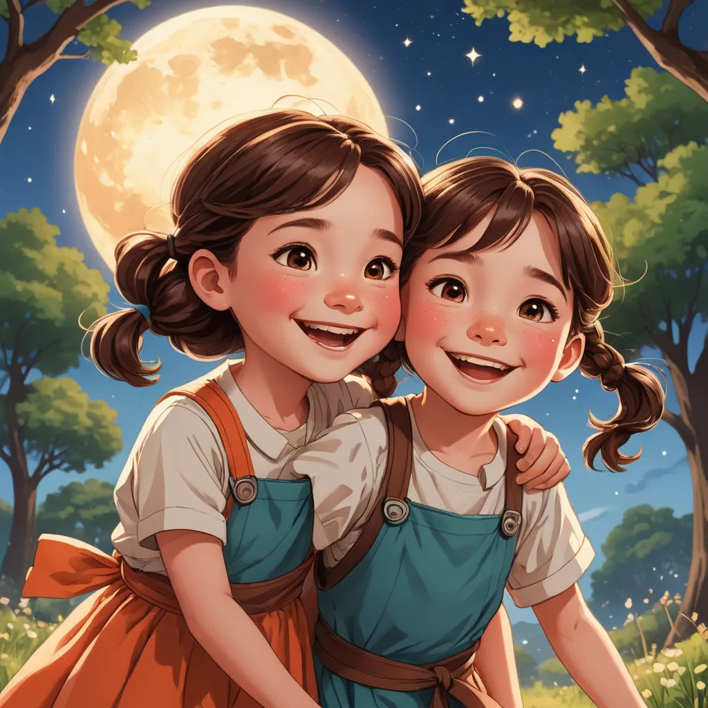 a couple of kids that are standing in the grass with a moon in the background and trees in the background, space art, a storybook illustration, Chen Lin, trending on art station