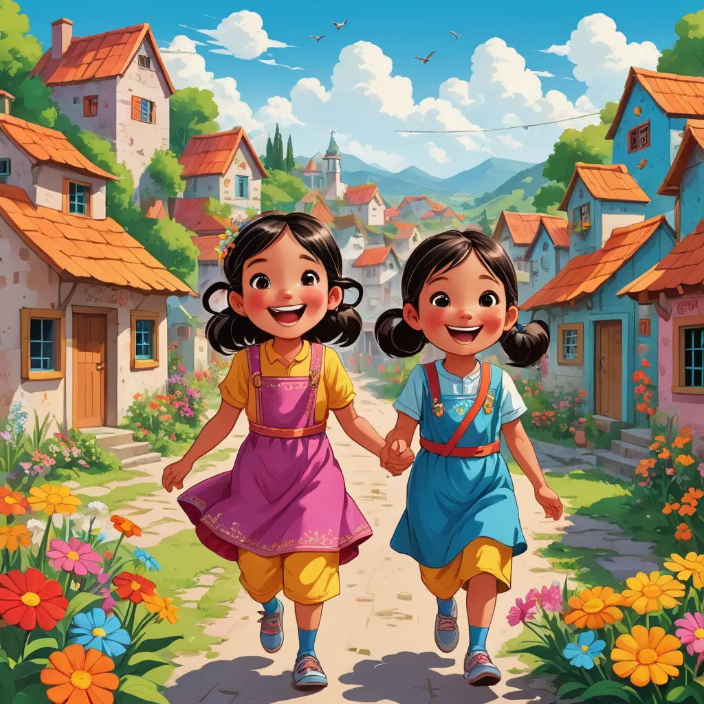 two little girls walking down a street holding hands and smiling at the camera with a village in the background, naive art, a storybook illustration, Brothers Hildebrandt, trending on art station