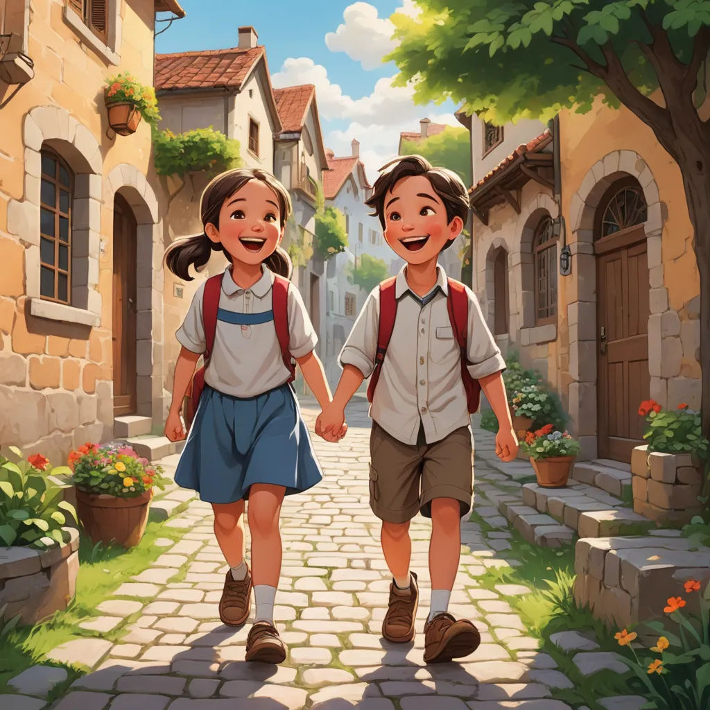 a couple of kids walking down a street holding hands and smiling at the camera, with a building in the background, paris school, a storybook illustration, Brothers Hildebrandt, rossdraws global illumination