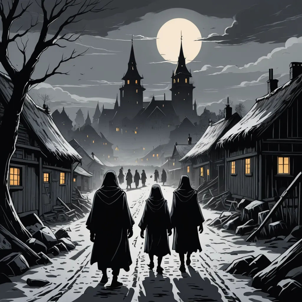 two women walking down a street in front of a castle at night with a full moon in the sky, fantasy art, a storybook illustration, Dan Mumford, bloodborne
