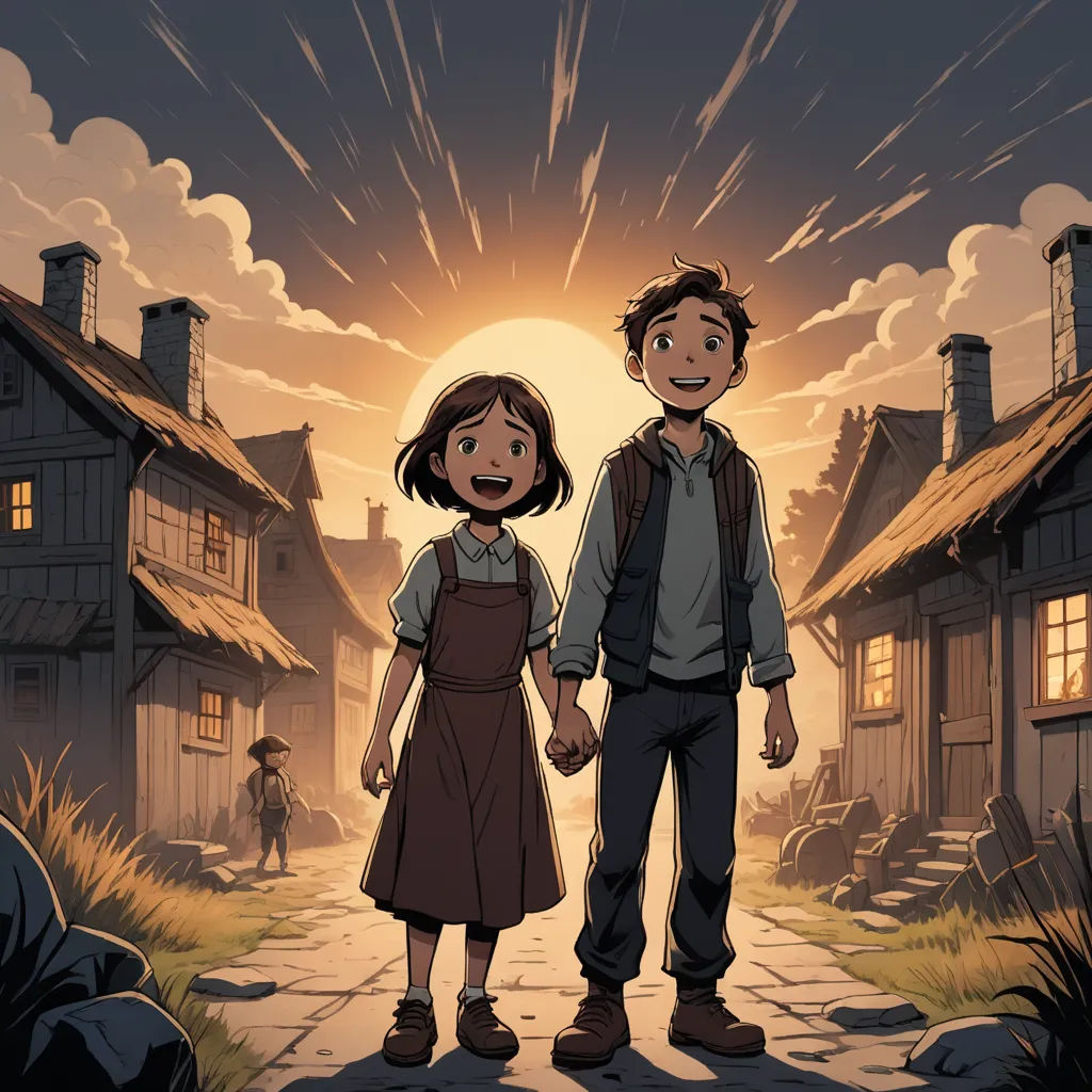 a cartoon of a man and a woman holding hands in front of a village at sunset with a man and woman standing on a path, dau-al-set, poster art, Anne Said, official art