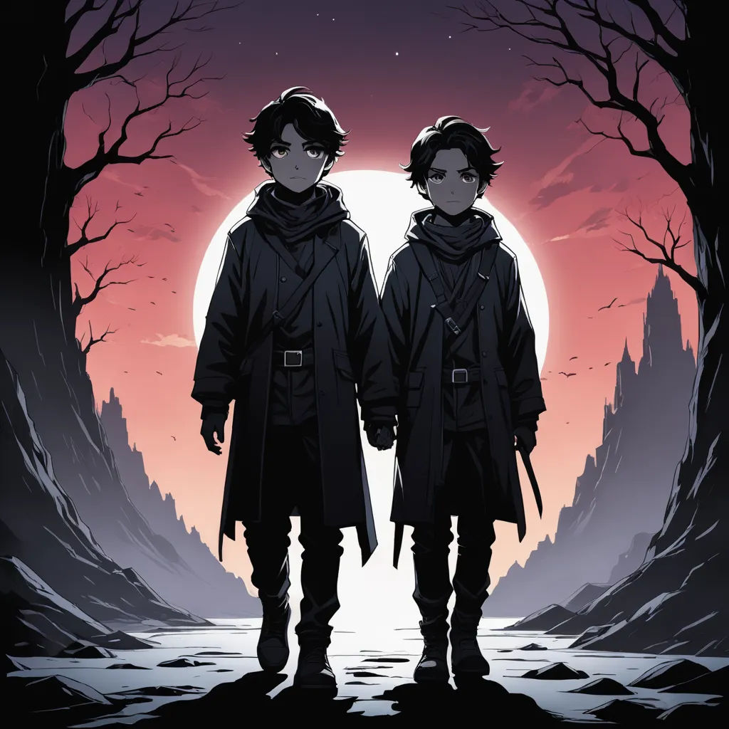 two people standing in front of a full moon in a forest with trees and rocks on either side of them, sots art, an album cover, Brothers Hildebrandt, official art
