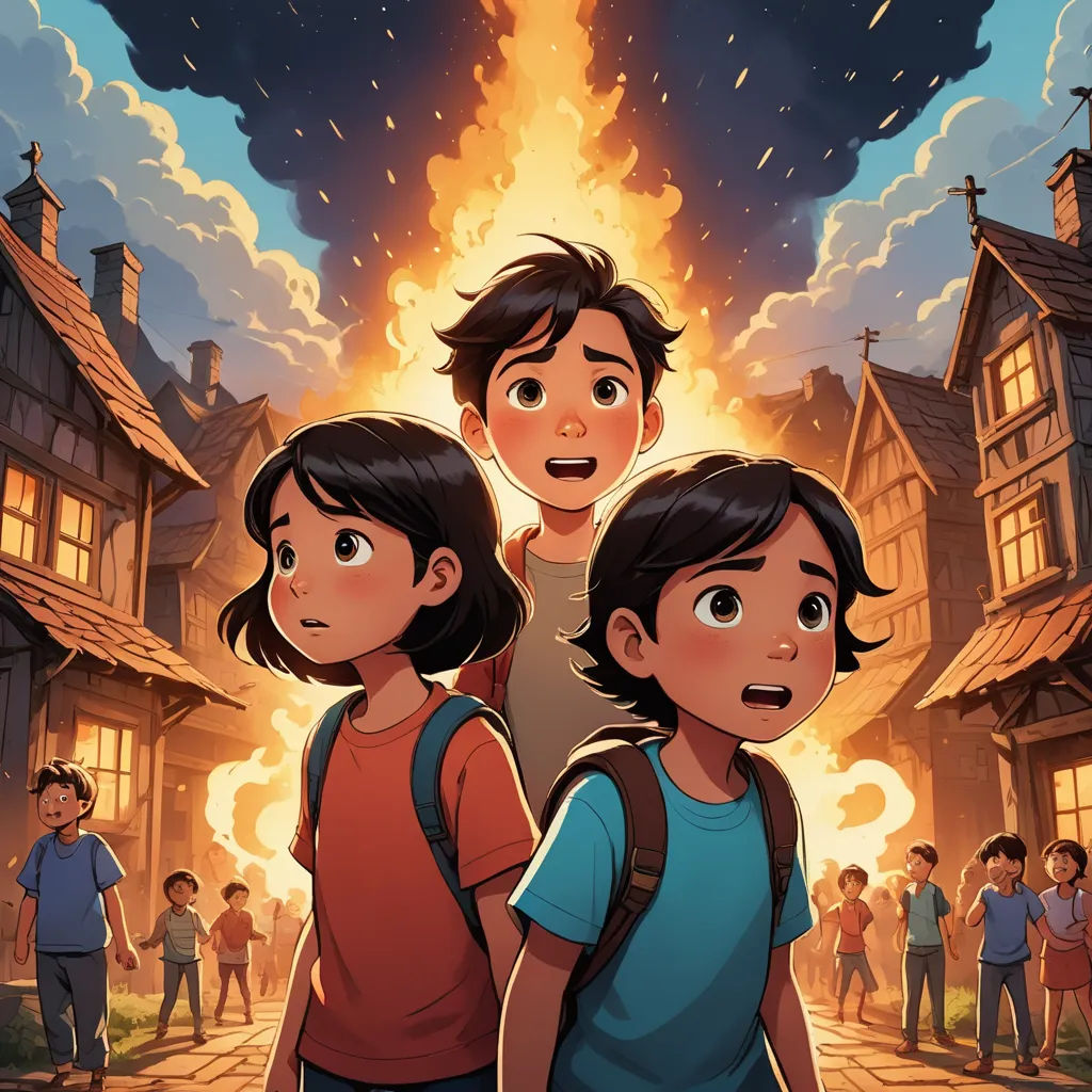 a couple of kids standing in front of a fire with a house on it and a fireball in the background, process art, a storybook illustration, Diego Gisbert Llorens, comic cover art