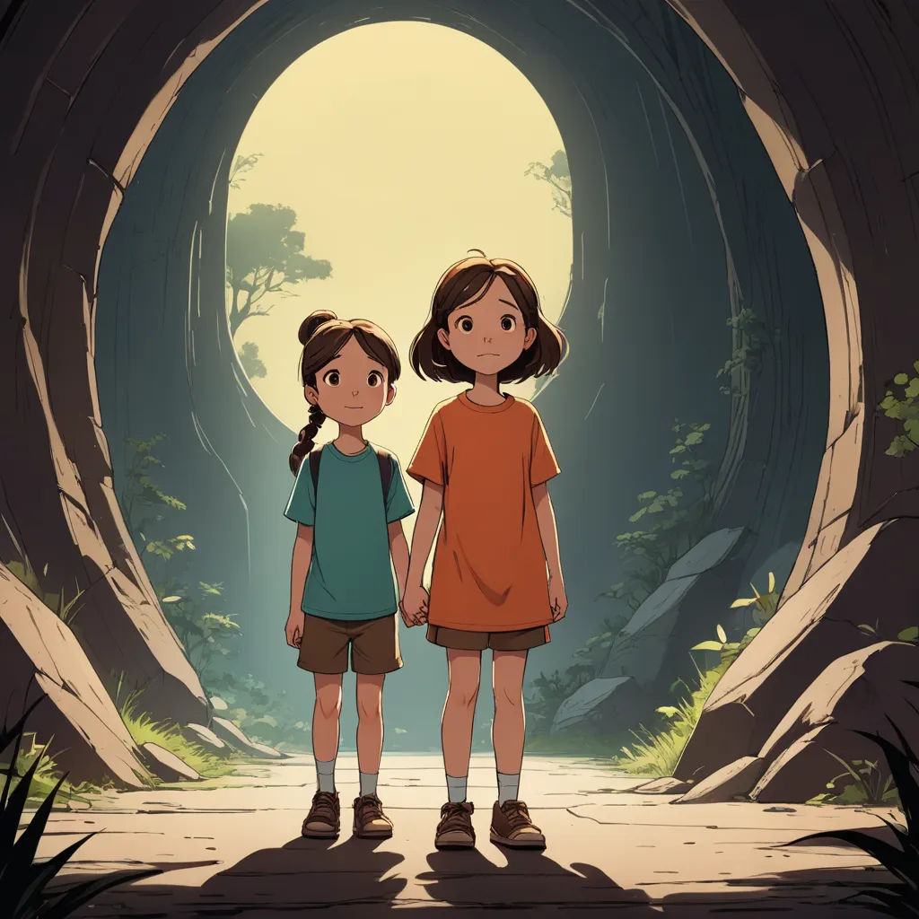 two children standing in a tunnel with a light at the end of the tunnel and a dark tunnel behind them, environmental art, poster art, Atey Ghailan, ghibli
