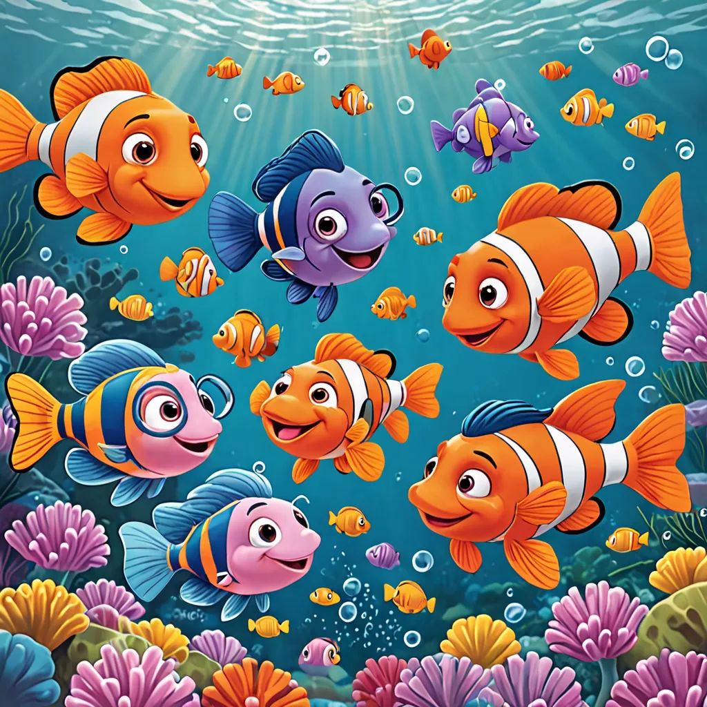 a group of clown fish swimming in the ocean with corals and seaweeds around them illustration by cristoer, pop surrealism, a storybook illustration, Andries Stock, pixar and disney animation
