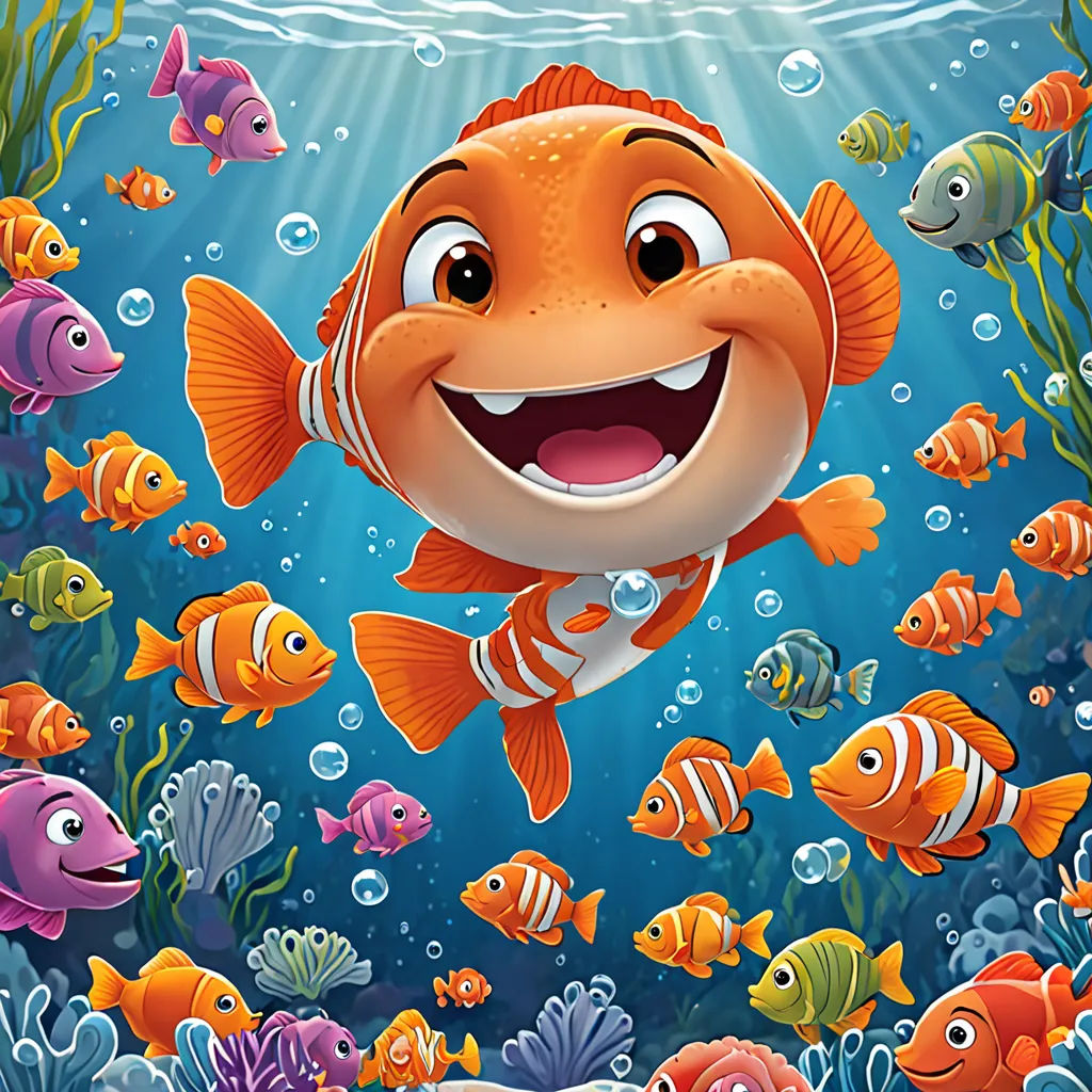 a cartoon fish with a smile on its face swimming among other fish in the ocean with a sunbeam, pop surrealism, a storybook illustration, Cliff Childs, league of legends splash art