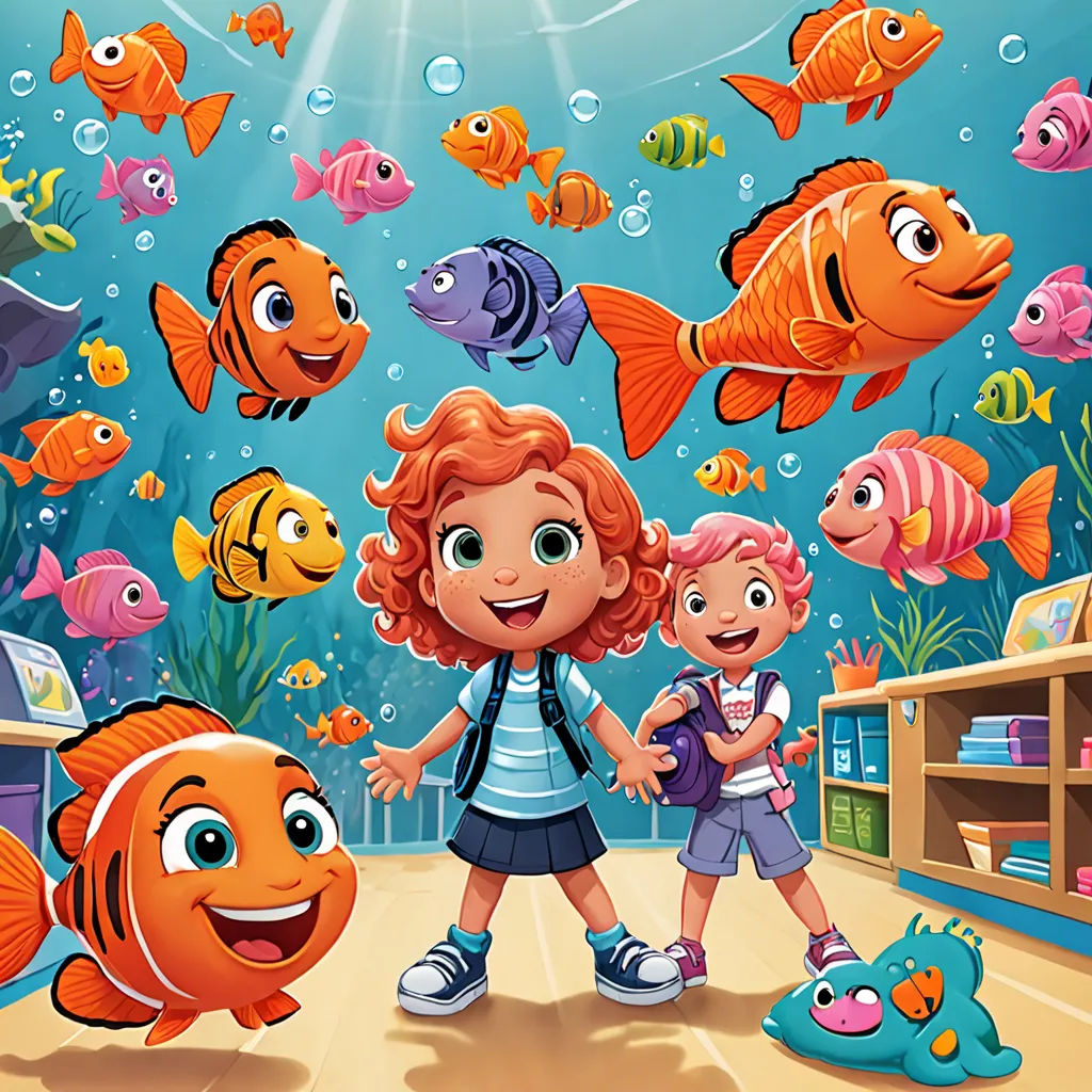 a girl and a boy are standing in front of a fish tank with a school of fish in the background, paris school, a storybook illustration, Diego Gisbert Llorens, promotional image